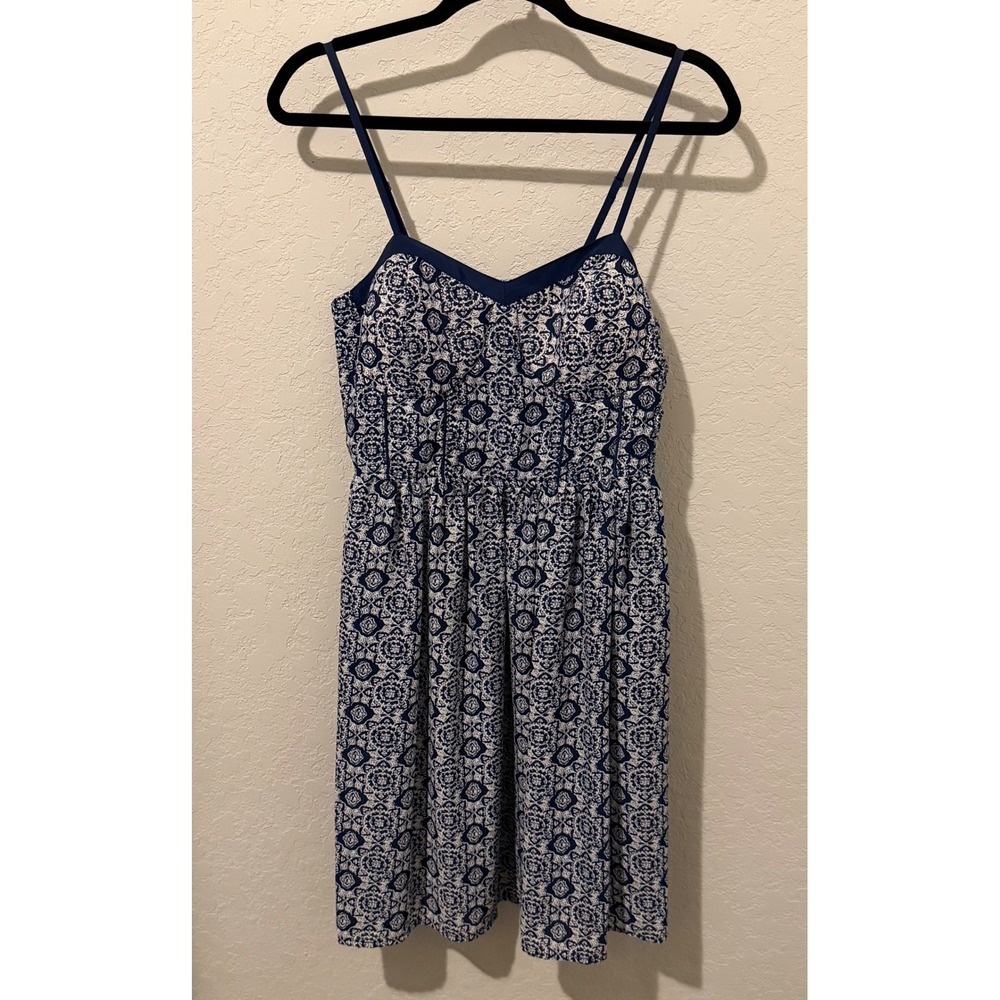 Xhilaration Navy Blue White Medallion Print Smocked Back Sundress Large